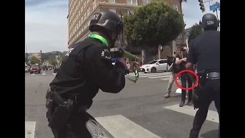Direct hit! LAPD officer hits protester in groin with foam projectile