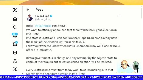 BREAKING: BRGIE PM Simon Ekpa Confirmed There Will Be No Election In Biafra Land