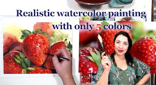 Learn to paint: realistic strawberries with only 5 colors of watercolor