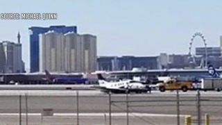 Small plane lands without wheels at McCarran Airport