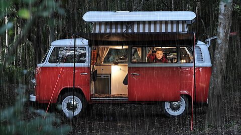 SOLO Camping in Rain [ Iconic 1975 VW Van Life, Cosy Relax and Sleep ASMR ]