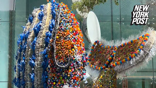 Giant whale made of plastic bottles 'beached' in Bangkok, Thailand