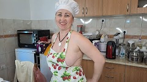 I bake pies. Cooking show. Nudist kitchen.