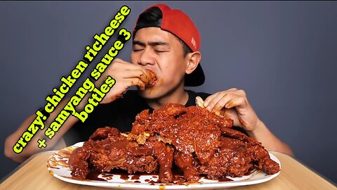 wow crazy! mukbang 3 flying chicken richeese using 3 bottles of samyang!!