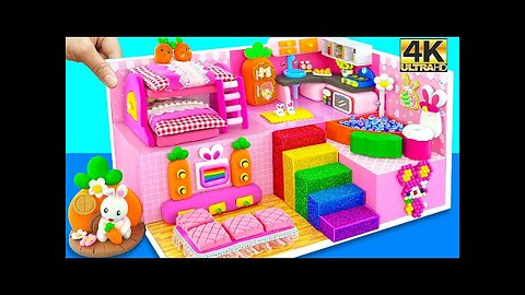 How To Make Pink Bunny House with Bunk Bed, Rainbow Stairs from Polymer Clay ❤️ DIY Miniature House