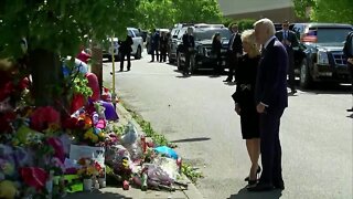 President Joe Biden and First Lady Jill Biden lay flowers at the memorial for the 10 victims of the Buffalo mass shooting