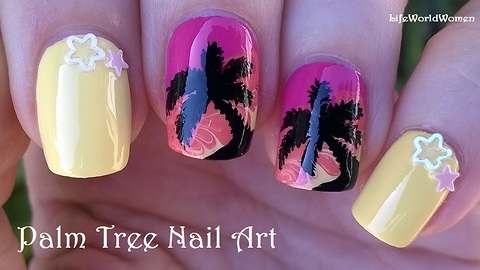 Palm tree nail art over toothpick drag marble design