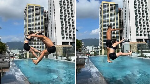 Couple show off their athletic skills by spelling out 'love' while jumping in the pool