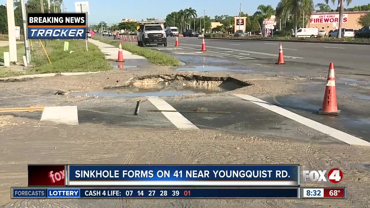 Sinkhole from water main break on U.S> 41 in Fort Myers Tuesday morning