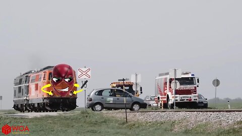 Monster Trains Crush Cars on the Railroad in a Train Crash