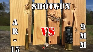 9mm vs AR 15 vs 12 Gauge... Home Defense: Wood Test