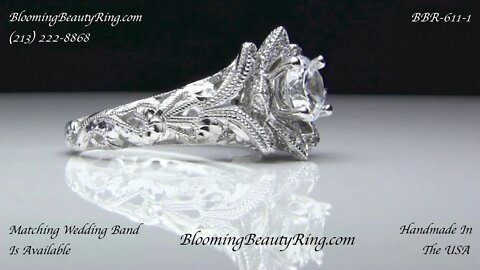 BBR611-1 Diamond Embossed Blooming Rose Engagement Ring with Etched Carvings BloomingBeautyRing.com