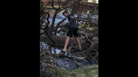 Crossing sketchy logs at a river