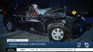 Crash on freeway ramp sends car airborne