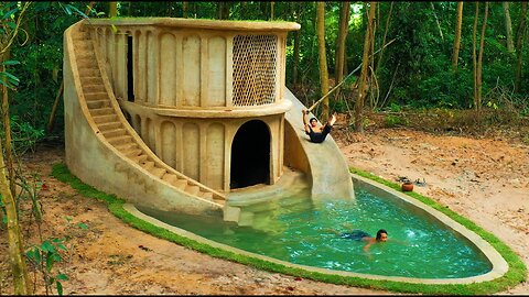 100 Days Build Underground Two Story Villa with Grass Roof and Waterslide To Swimming Pool