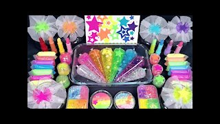 [Mixing slime] "Neon Rainbow" Makeup, clay and Random into slime, #Satisfying #ASMR #pipingbags