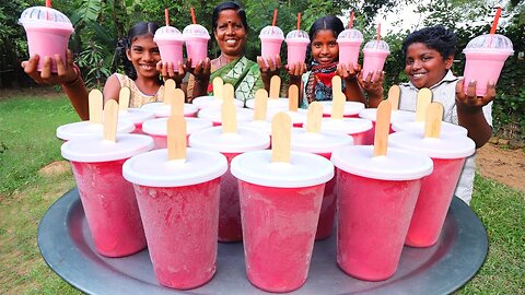 Kuchi Ice Recipe | Strawberry Kuchi Ice | Homemade Strawberry Milkshake | Village Fun Cooking