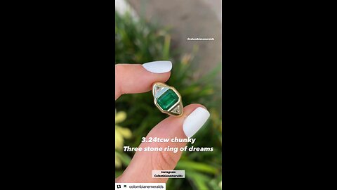 3.24tcw dark green top emerald and trillion diamond 3 stone Gypsy bezel ring mens style