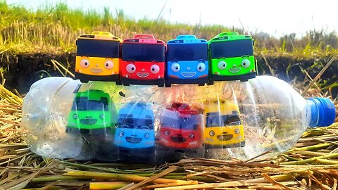 Mencari dan Menemukan Mainan Bus Tayo, Lani, Gani, Rogi Dalam Botol Air di Tumpukan Jerami Padi