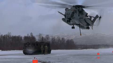 U.S. Marine heavy helicopters lift heavy loads for British counterparts in Norway (B-Roll)