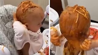 Mom Leaves Room For One Minute, Finds Baby Completely Covered In Spaghetti