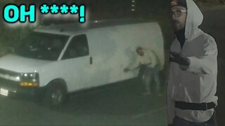 Scumbag thief caught red handed stealing gas from OCCUPIED van! Confronted by owner