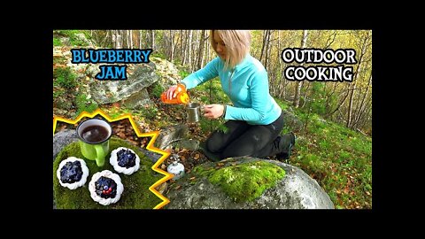 GIRL IN THE FOREST, OUTDOOR COOKING, BLUEBERRY JAM