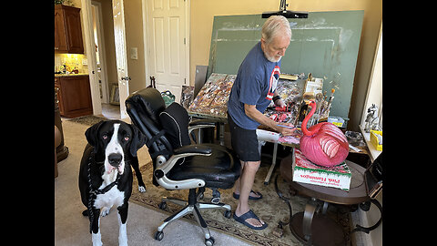 Artist Dad Ignores Great Dane & GSP Dog Zoomies & Paints Pink Flamingo Pumpkin