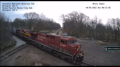CP 8788 Leading SB UP Grain with Canadian Hoppers KCS 4741 and CP 7013 DPU at Mills Tower on 4-5-22