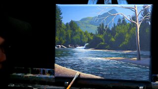 Acrylic Landscape Painting of a River with Distant Mountains - Time Lapse - Artist Timothy Stanford