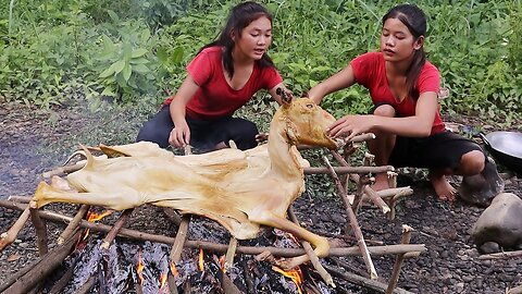 Roasted Goat tasty with Chili sauce for dinner - Cooking in forest of survival