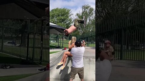 Peak male does a backflip on rollerblades while sipping a beer