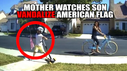 Mother Watches As Young Child Vandalizes American Flag