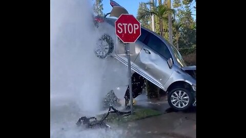 Car Floats On Top Of Water From A Busted Fire Hydrant After Accident In California