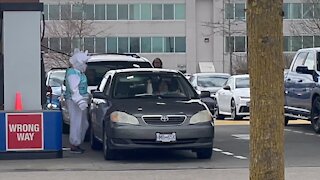 Dancing Easter bunny pumps gasoline at Costco