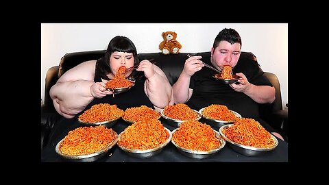 EXTREME FIRE NOODLE CHALLENGE WITH HUNGRY FAT CHICK • Mukbang & Recipe