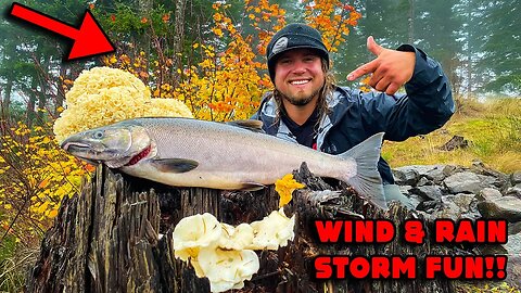 I FOUND MY FAVORITE MUSHROOM! Fishing, Foraging, and Cooking In MASSIVE Wind & Rain STORM!!