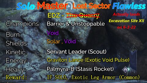 Destiny 2 Master Lost Sector: EDZ - The Quarry (loads Excavation Site XII) Solo-Flawless 6-3-22