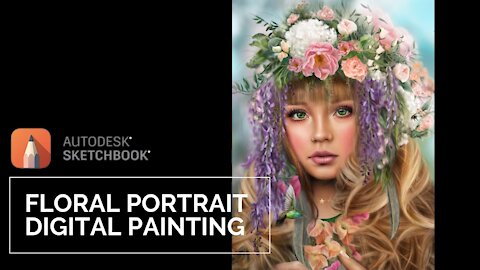 Digital Portrait Painting - Beautiful Girl with Floral Headdress and Detailed Hair