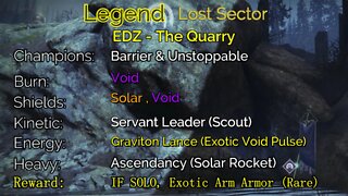 Destiny 2 Legend Lost Sector: EDZ - The Quarry 8-19-22