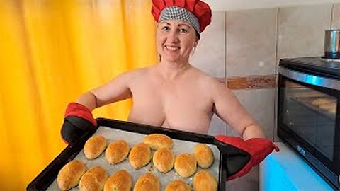 I bake delicious pies. Cooking show. Nudist kitchen