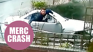 Mercedes driver caught on CCTV smashing convertible into house