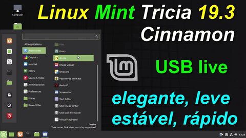 Teste do Linux Mint Tricia 19.3 Cinnamon no pendrive sem precisar instalar no computador.