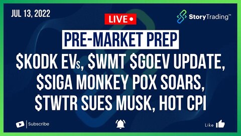 7/13 PreMarket Prep: $KODK EVs, $WMT $GOEV Update, $SIGA Monkey Pox Soars, $TWTR Sues Musk, Hot CPI