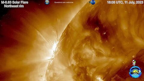 M-6.83 Solar Flare from NE rim (ICME projected NE not towards Earth) @ 18:08 UTC, 11 July, 2023 4K