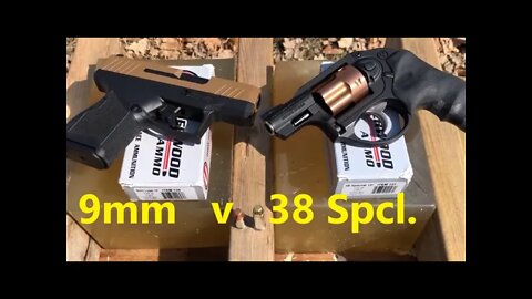 Underwood 125 gr FMJ 38 Special +P vs 124 gr FMJ 9mm +P short barrel velocity & penetration test