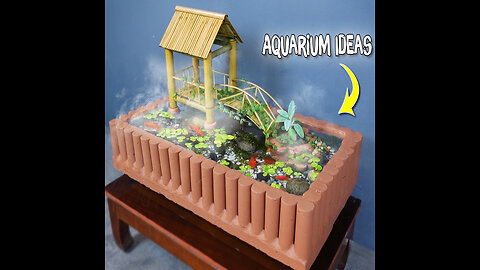Build bamboo floating house on indoor aquarium - Amazing aquarium decoration ideas