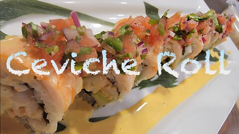 New Style Sushi SHRIMP CEVICHE ROLL with Aji Amarillo sauce