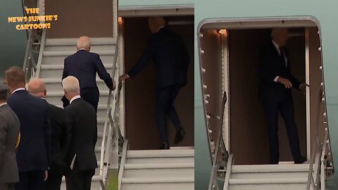 Biden survives stumbling and losing balance as he boards Air Force One using the smaller stairs en route back to the United States.