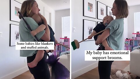 Adorable Baby Hilariously Finds Emotional Support In Brooms